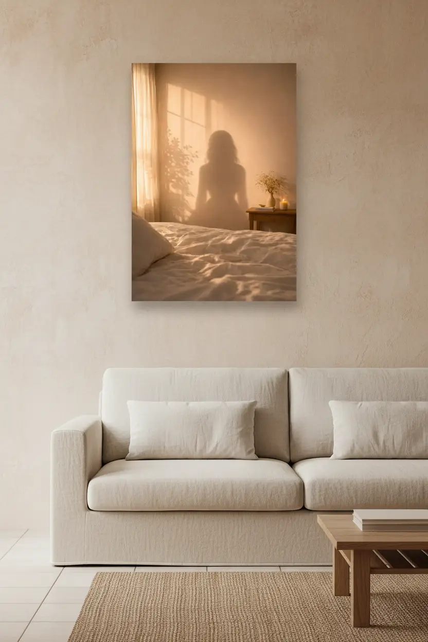 L'Ombre Dorée — Affiche murale minimaliste ombre féminine lumière dorée chambre, affiche murale minimaliste avec cadre bois, décoration murale salon ou chambre, style méditerranéen
