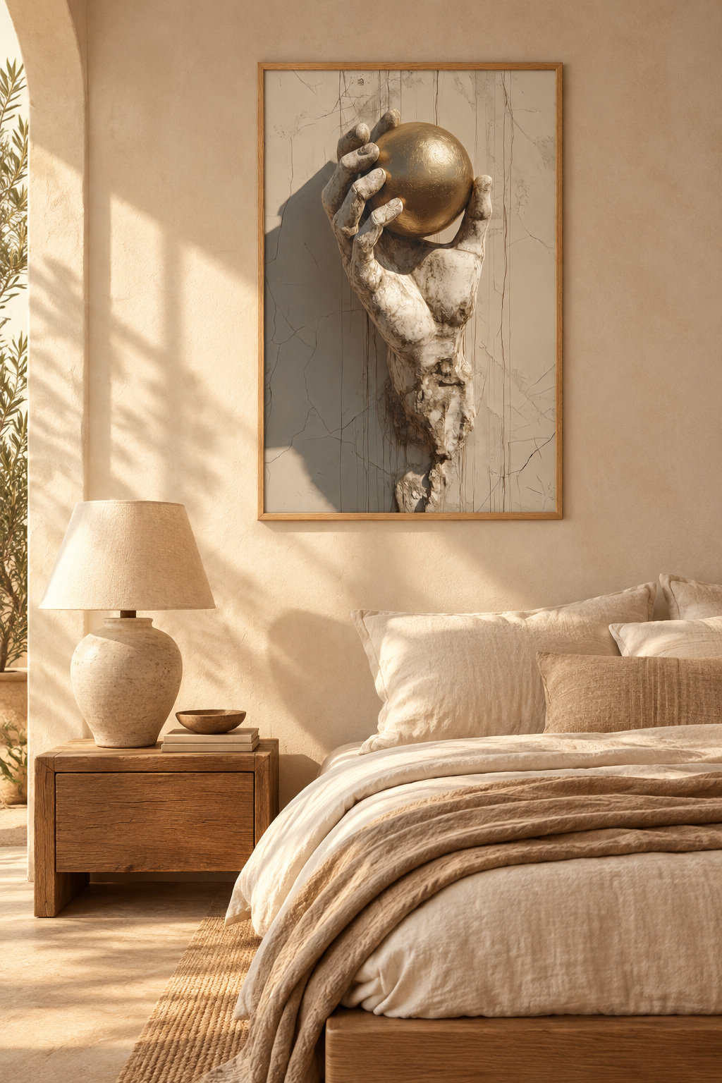 Poster The Held Orb — golden orb held by a hand of stone, above a linen bed in a light bedroom