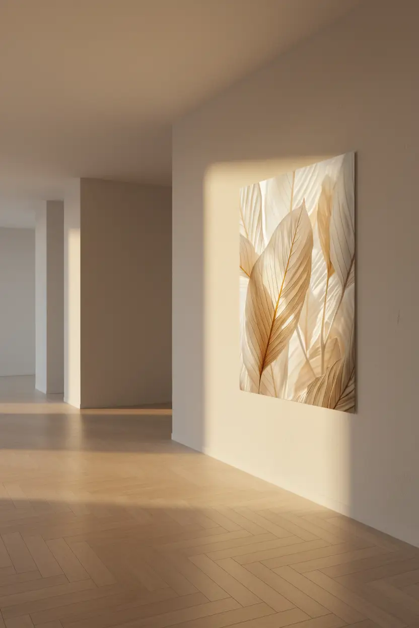 Le Velours Végétal — Affiche murale minimaliste sable ivoire feuilles nervures dorées, affiche murale minimaliste avec cadre bois, décoration murale salon ou chambre, style méditerranéen