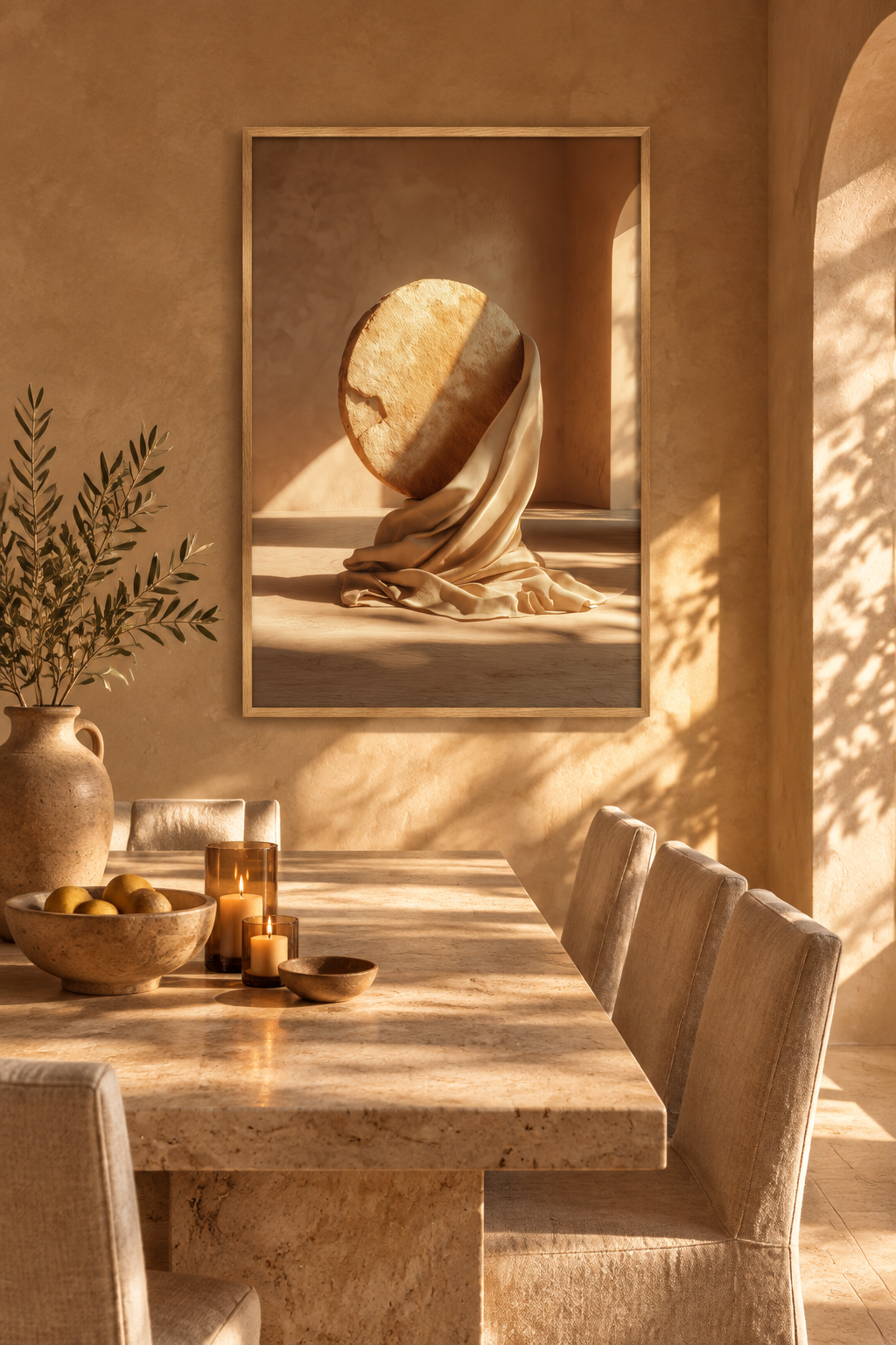 Poster The Wrapped Sphere — veined stone sphere resting on drapery, in a dining room, above a wooden table