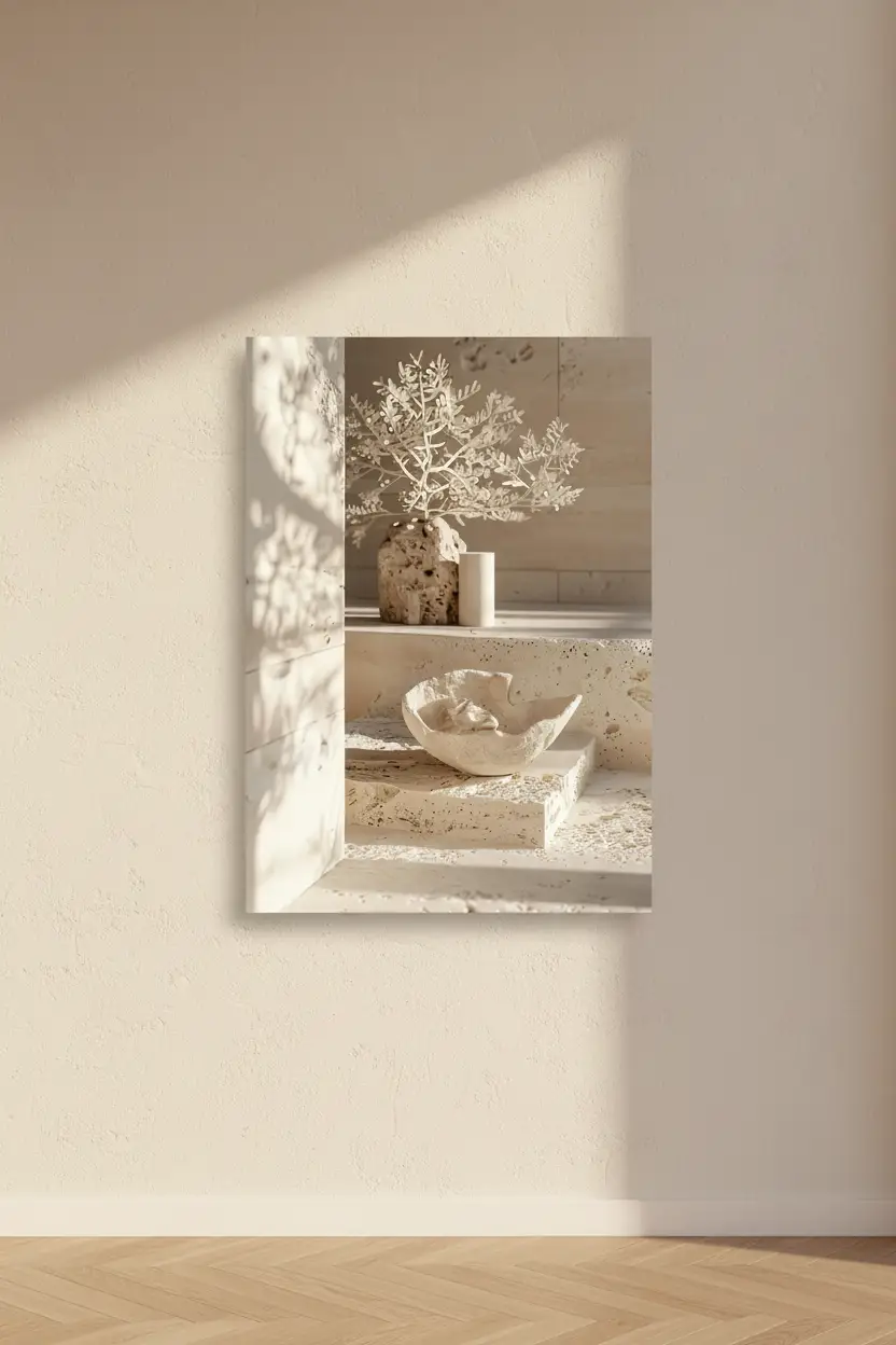 Der Weiße Altar – Minimalistisches Wandbild aus Elfenbein mit Korallenbaum