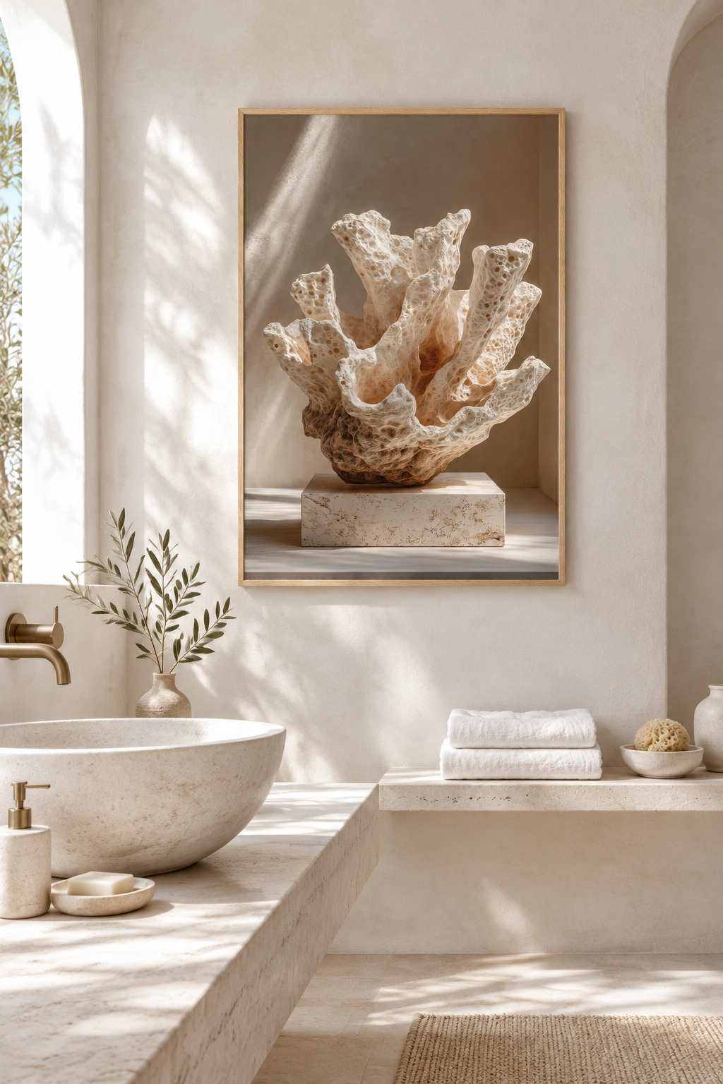 Poster Il Cespuglio di Sale — corallo bianco ramificato su un basamento di pietra grezza, in un bagno, sopra un lavabo di pietra