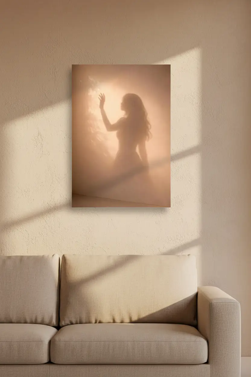 La Lumière Touchée — Affiche murale minimaliste silhouette féminine brume dorée, affiche murale minimaliste avec cadre bois, décoration murale salon ou chambre, style méditerranéen