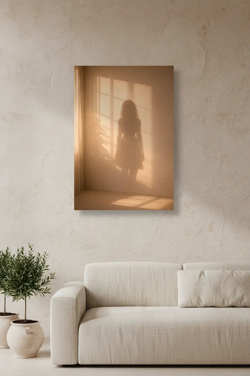 La Chambre Vide — Affiche murale minimaliste ombre féminine lumière dorée pièce vide, affiche murale minimaliste avec cadre bois, décoration murale salon ou chambre, style méditerranéen