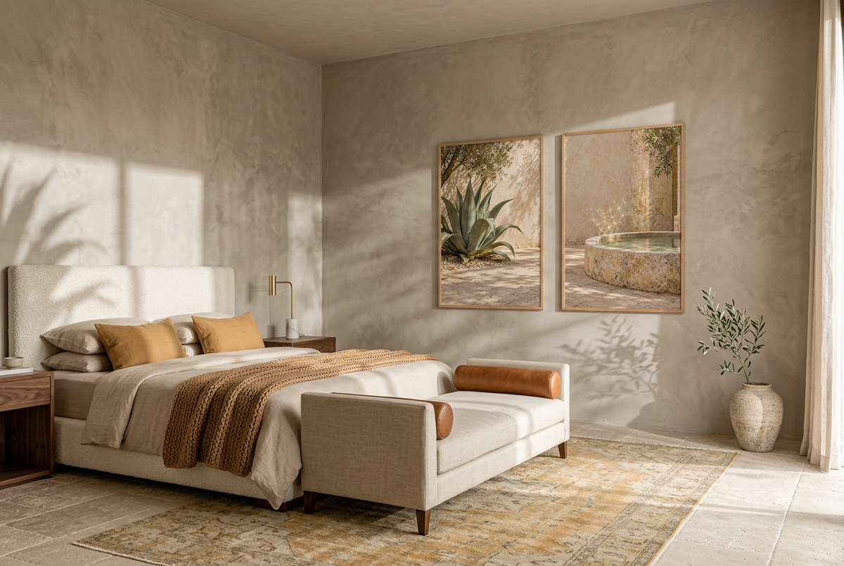 The Shaded Patio — wall diptych in oak frames above a bed