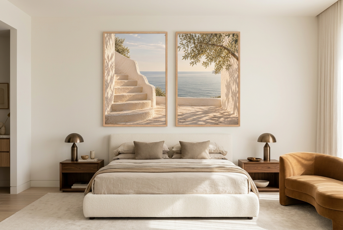 The Terrace by the Sea — wall diptych in oak frames above a bed