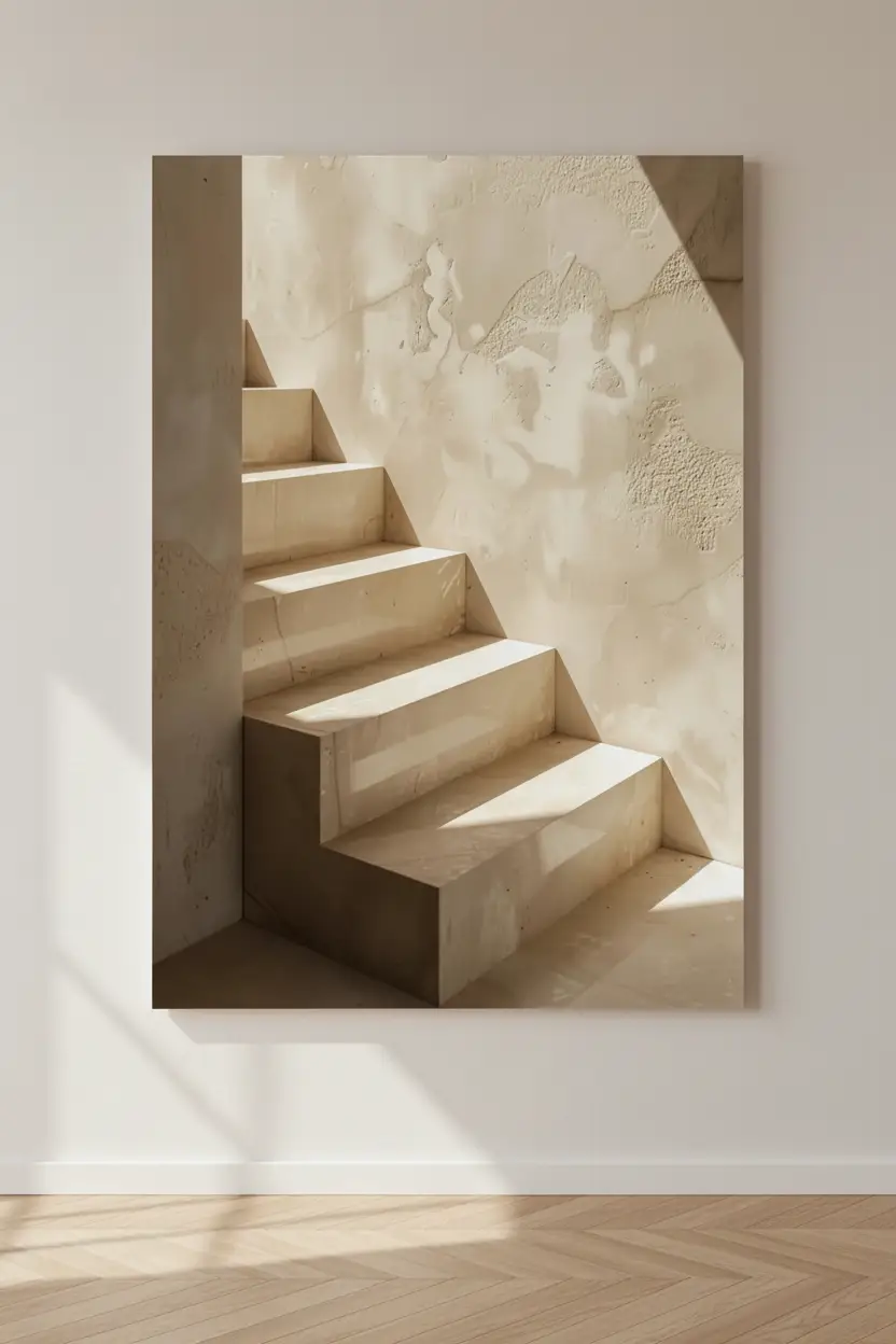 L’Escalier de Nacre — Affiche murale minimaliste escalier tadelakt ivoire lumière architecture, affiche murale minimaliste avec cadre bois, décoration murale salon ou chambre, style méditerranéen