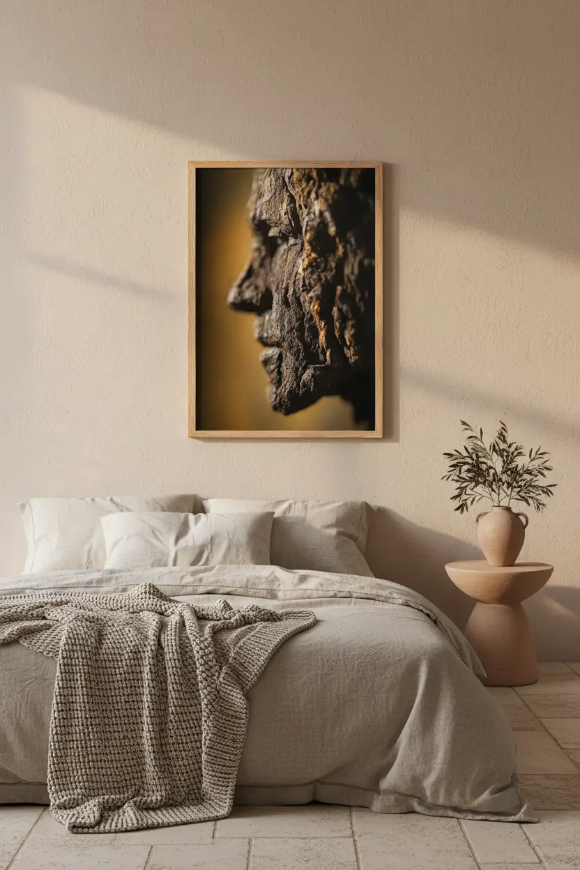 Le Profil de l'Écorce — Affiche murale minimaliste brun or écorce visage profil abstrait — affiche murale minimaliste | Cassili-home