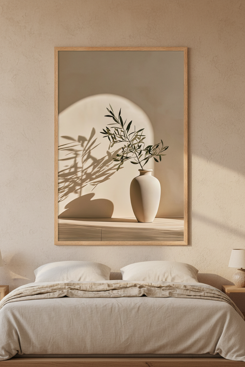 Affiche Le Rameau devant l'Arche encadrée chêne au-dessus d'un lit en lin — vase d'argile ivoire et rameaux d'olivier devant une arche pâle
