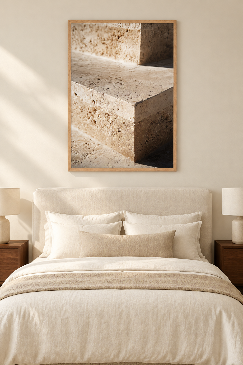 Die Travertinstufe in einem Schlafzimmer