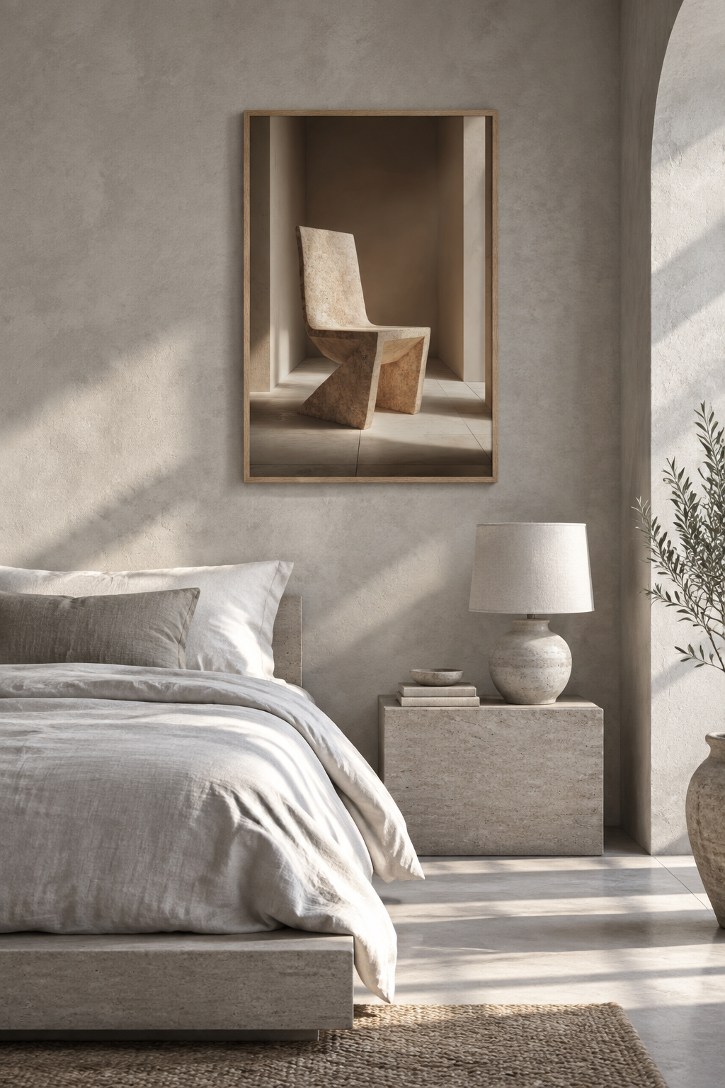 Poster Il Sedile Scolpito — sedia scolpita in un blocco di pietra chiara, sopra un letto in lino, in una camera chiara
