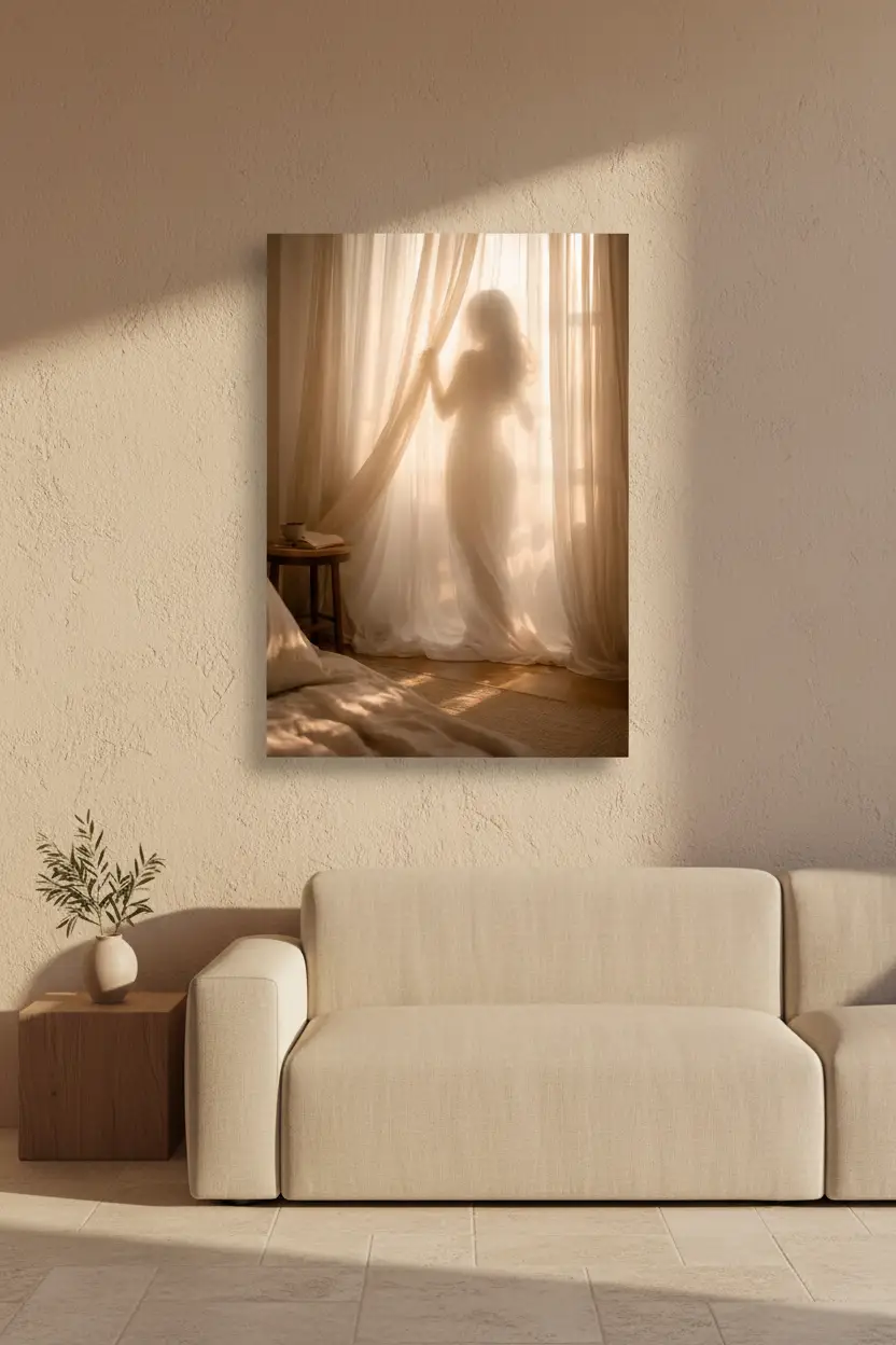 Le Voile du Matin — Affiche murale minimaliste silhouette féminine voilage lumière dorée, affiche murale minimaliste avec cadre bois, décoration murale salon ou chambre, style méditerranéen