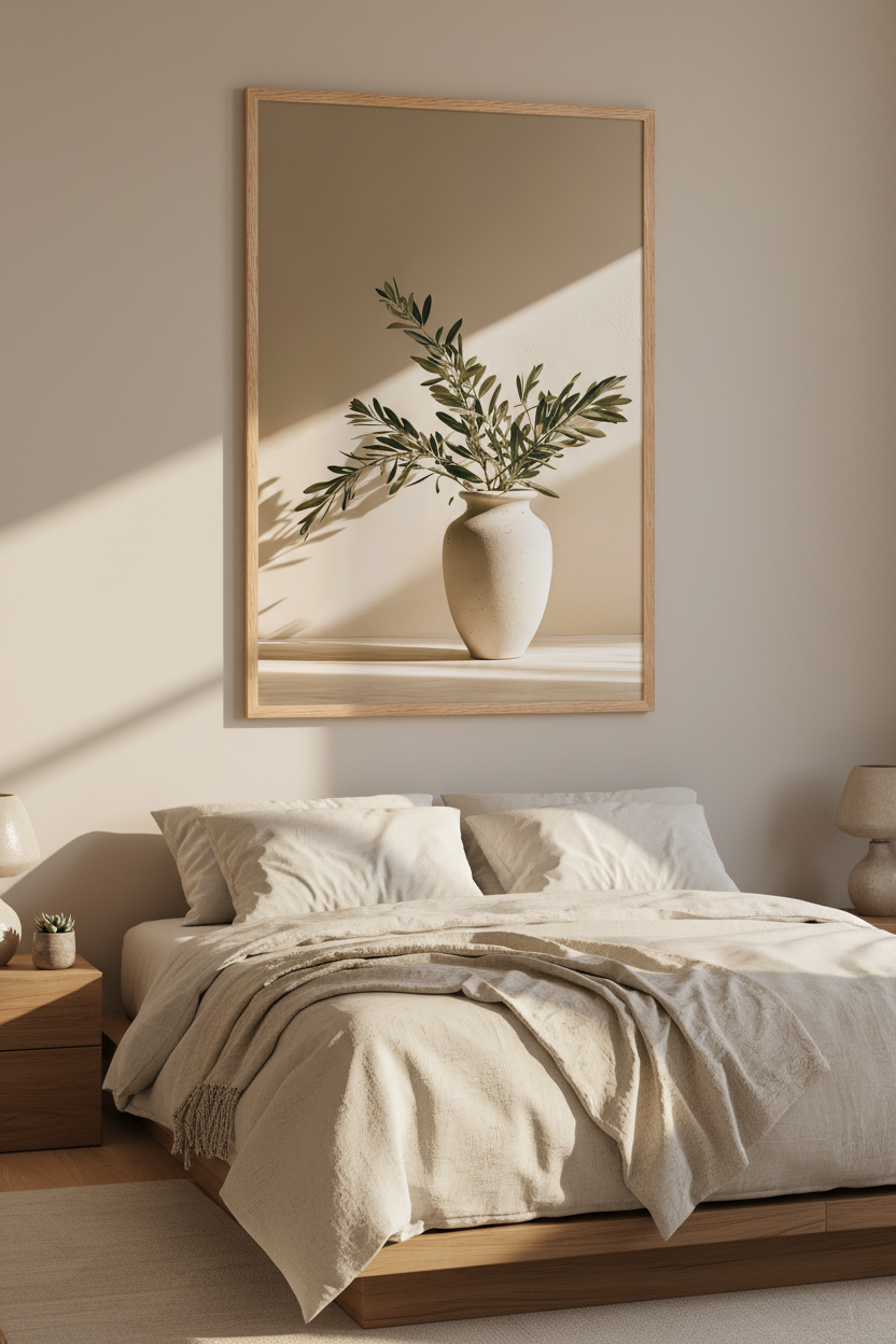 Affiche La Lame de Lumière encadrée chêne au-dessus d'un lit en lin — vase ivoire et branches d'olivier sous une diagonale de soleil