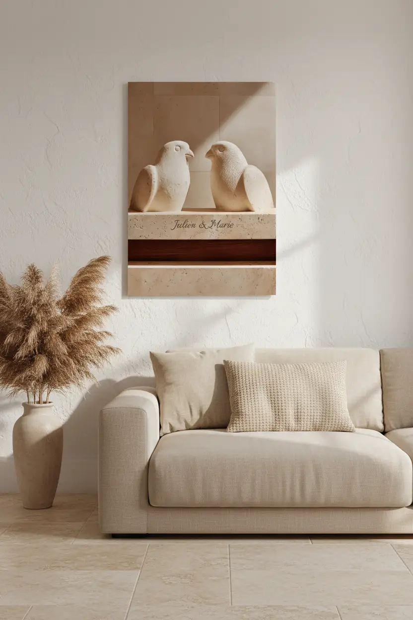 Les Tourterelles — Affiche murale personnalisable pierre méditerranéenne, affiche murale minimaliste avec cadre bois, décoration murale salon ou chambre, style méditerranéen