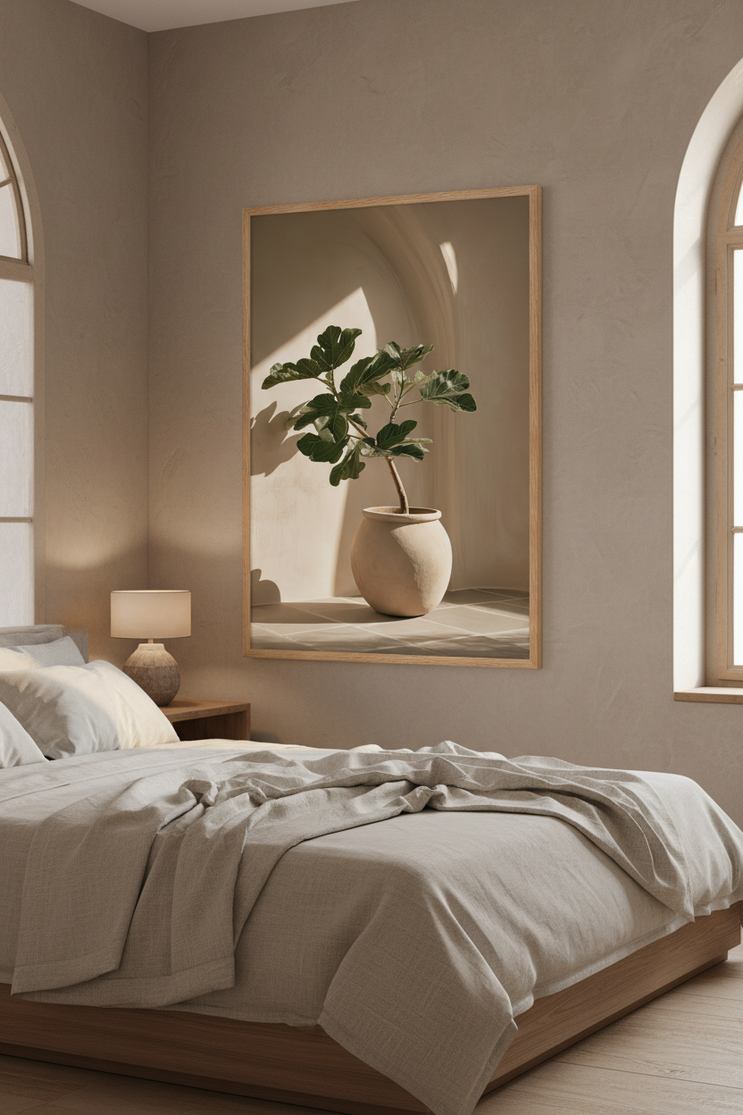 Affiche Le Figuier sous l'Arche encadrée chêne au-dessus d'un lit en lin — figuier en pot crème sous une arche d'enduit ivoire
