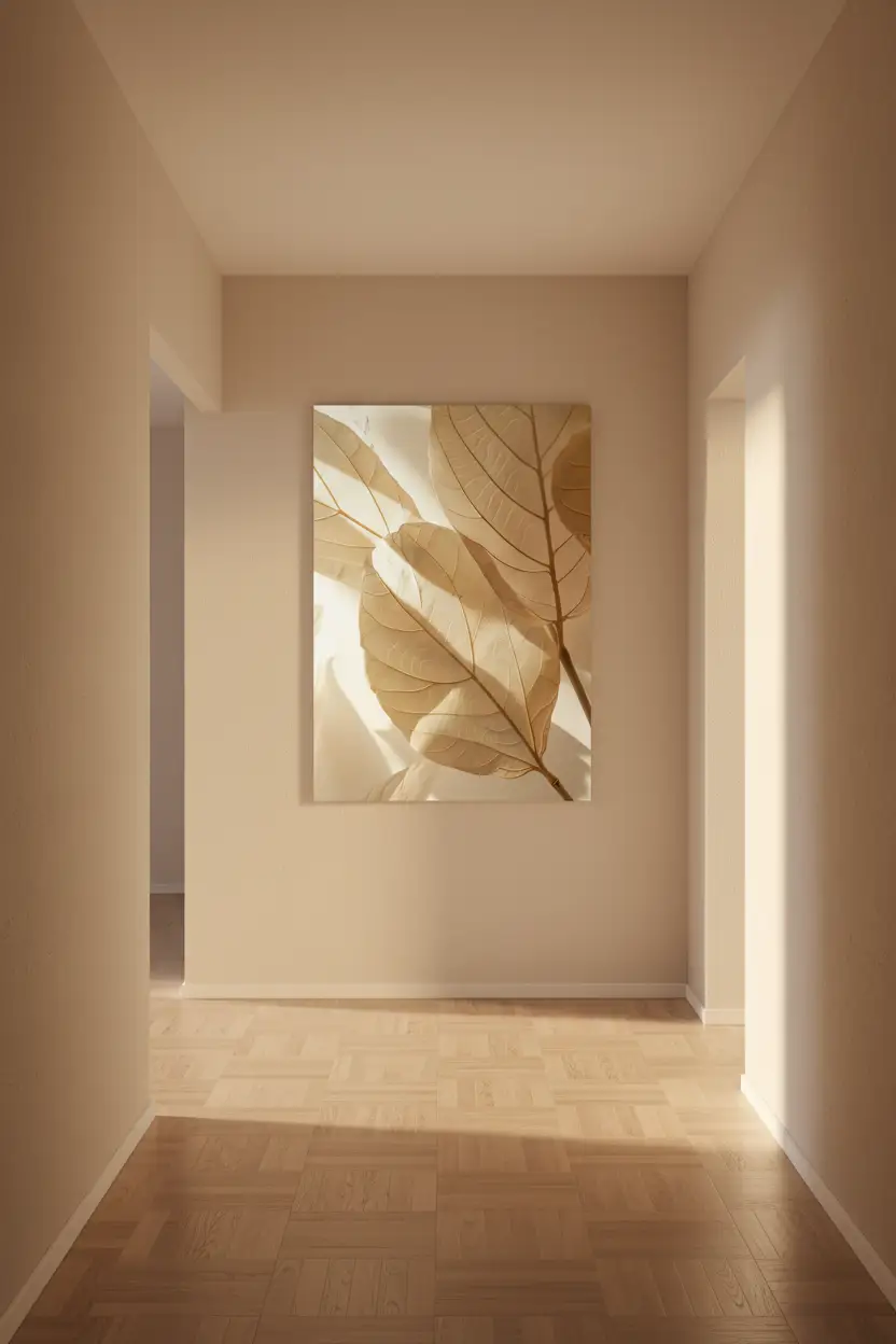 L’Ombre des Feuilles — Affiche murale minimaliste beige sable feuilles ombres dorées, affiche murale minimaliste avec cadre bois, décoration murale salon ou chambre, style méditerranéen