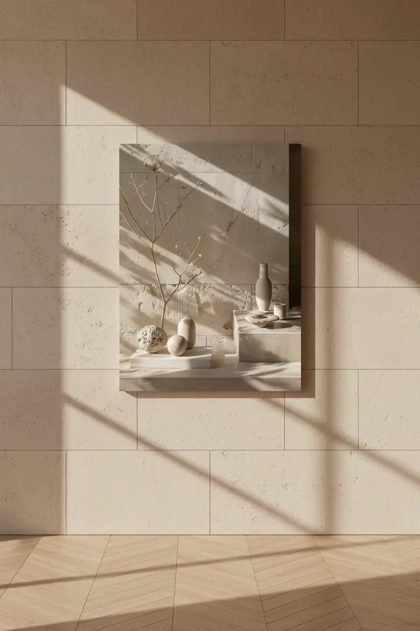 La Composition du Soir — Affiche murale minimaliste travertin sphères céramiques végétal minéral, affiche murale minimaliste avec cadre bois, décoration murale salon ou chambre, style méditerranéen