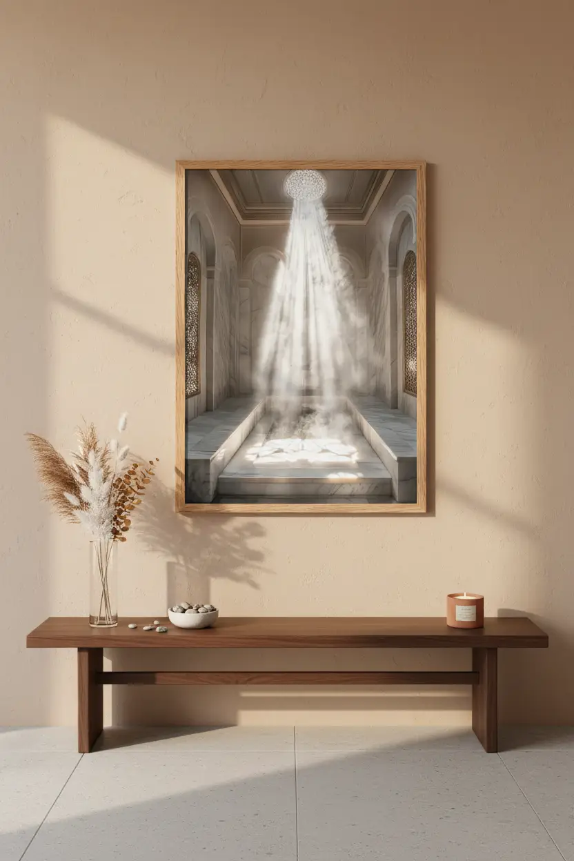 Das Hamam — Orientalisches Licht, minimalistisches Wandbild in Weiß und Gold