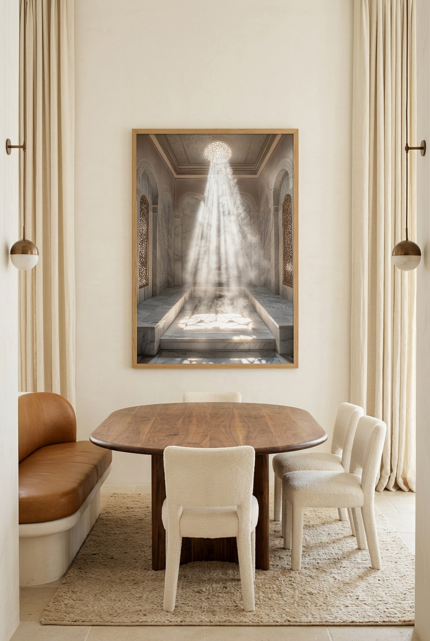 Le Hammam — poster in an oak frame in a dining room