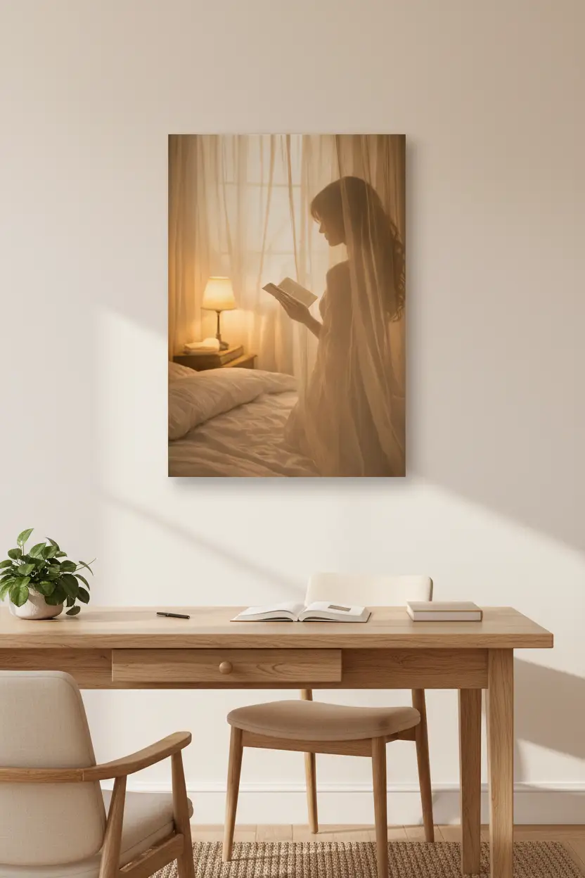 La Lectrice — Affiche murale minimaliste silhouette féminine lecture lumière dorée, affiche murale minimaliste avec cadre bois, décoration murale salon ou chambre, style méditerranéen