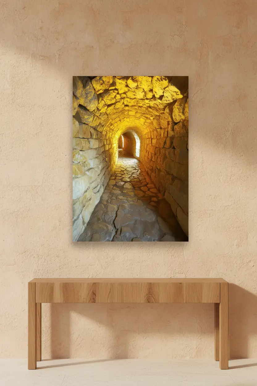 Der Goldene Gang – Minimalistisches Wandbild, ockerfarbenes Gold, gewölbter Korridor