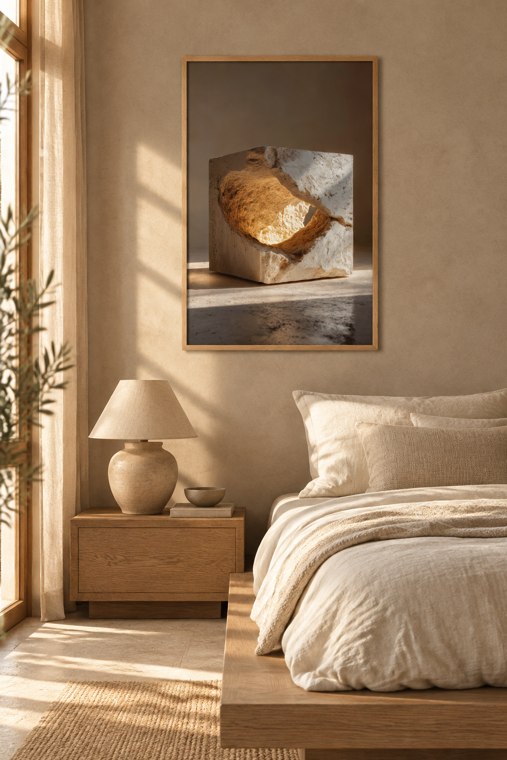 Poster De Gouden Ader — opengebroken steen met een gouden kern, boven een linnen bed in een lichte slaapkamer