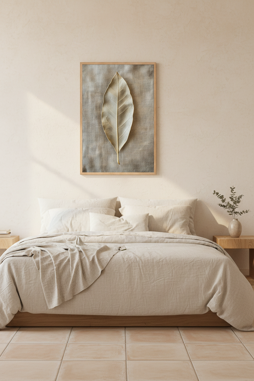 The Bay Leaf poster in an oak frame in a bedroom — dried leaf with ivory and gold veins