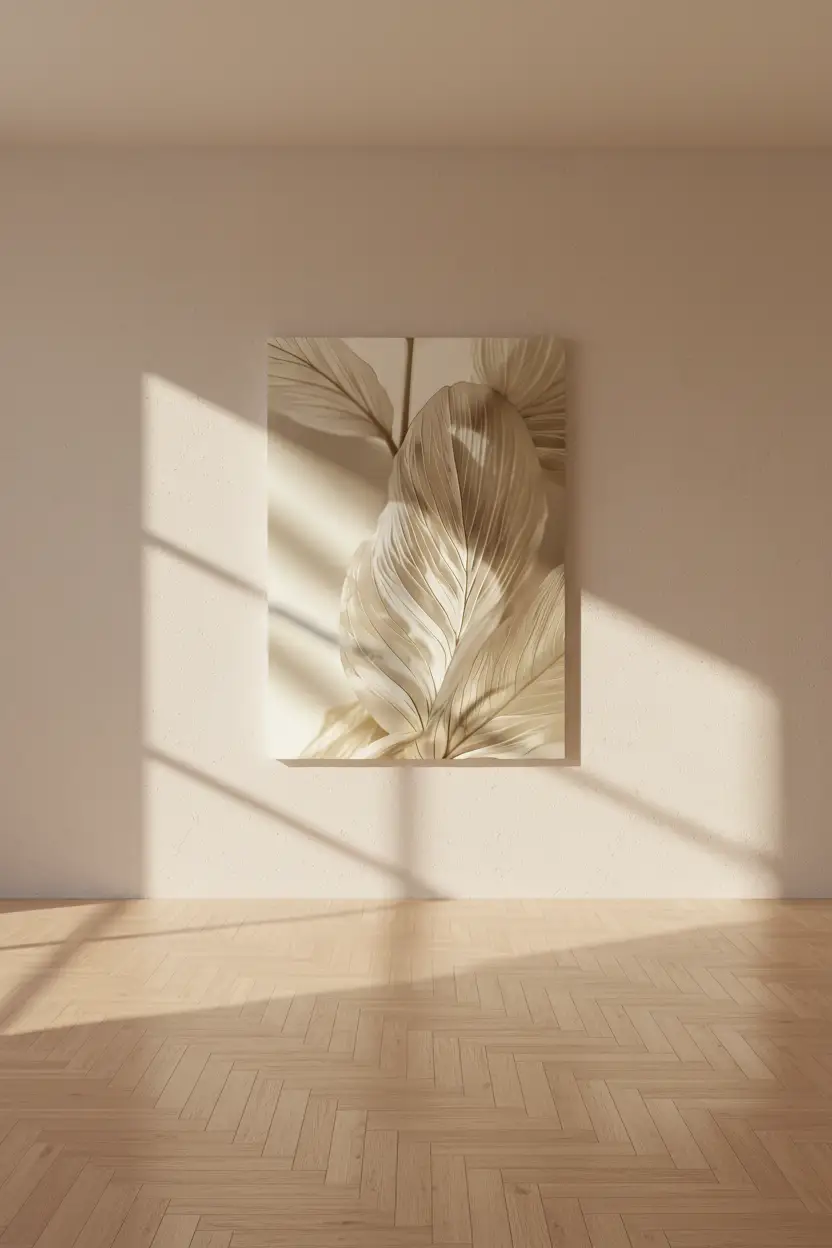 La Feuille Sculptée — Affiche murale minimaliste ivoire feuille ondulée texture sculptée, affiche murale minimaliste avec cadre bois, décoration murale salon ou chambre, style méditerranéen