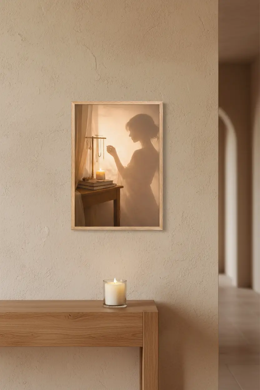 La Parure — Affiche murale minimaliste silhouette féminine lumière dorée, affiche murale minimaliste avec cadre bois, décoration murale salon ou chambre, style méditerranéen