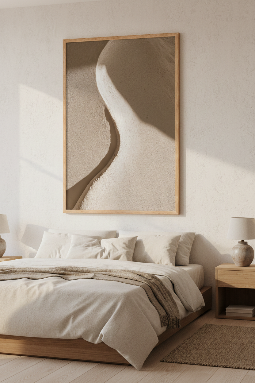 Affiche Le Versant de Sable encadrée chêne au-dessus d'un lit en lin — crête de sable clair et ombre douce sur fond sombre