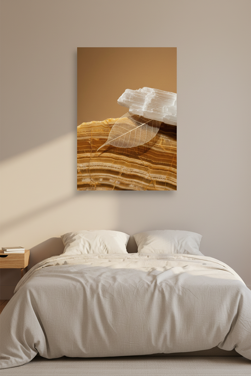 Sélénite & Feuille — Affiche murale minimaliste blanc et miel caramel texture minérale — affiche murale minimaliste | Cassili-home