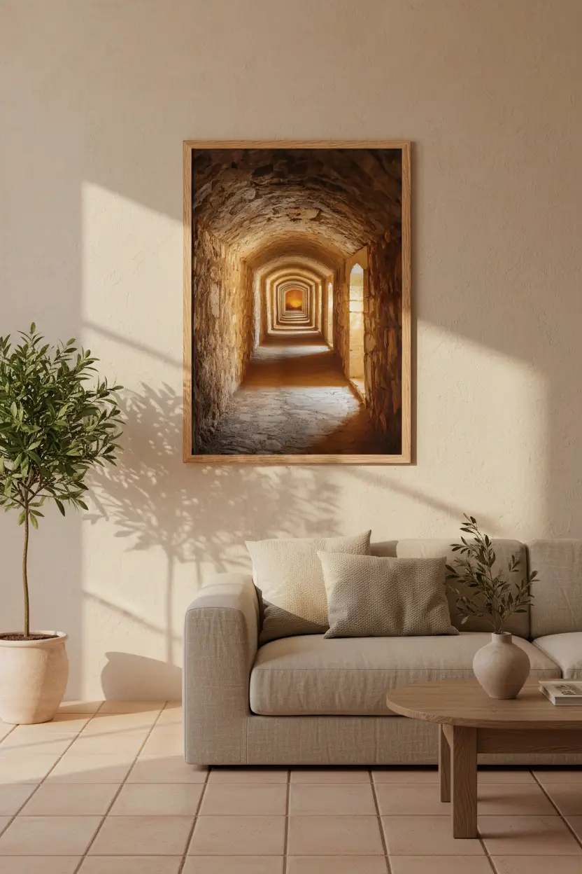 La Crypte — Affiche murale minimaliste sable brun voûtes pierre brute lumière dorée — affiche murale minimaliste | Cassili-home