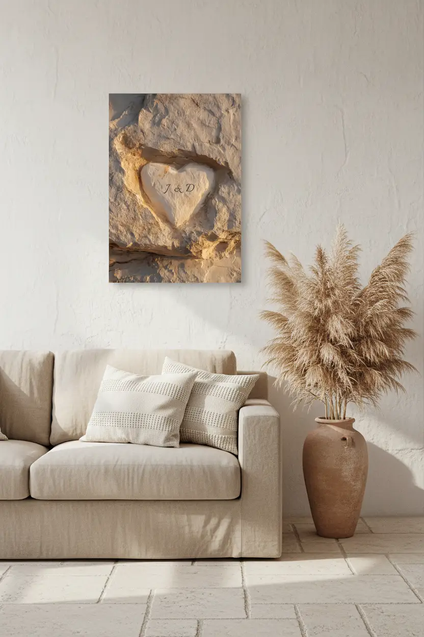Le Cœur dans la Roche — Affiche murale personnalisable pierre méditerranéenne, affiche murale minimaliste avec cadre bois, décoration murale salon ou chambre, style méditerranéen