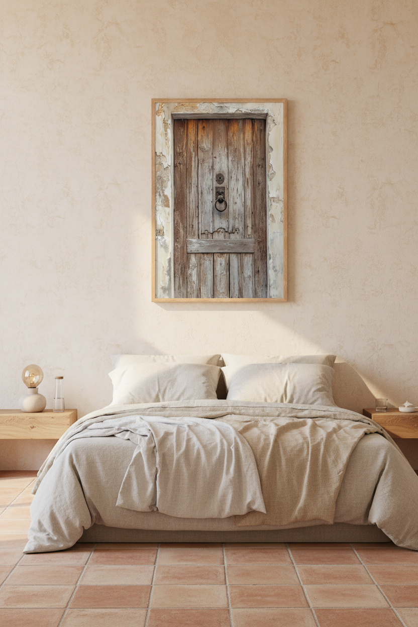 The Door of Time poster in an oak frame in a bedroom — weathered wood door on cracked limestone