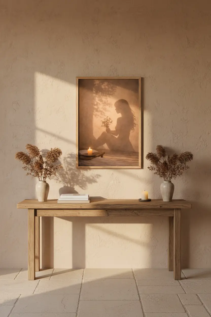 L’Offrande — Affiche murale minimaliste silhouette féminine lumière dorée, affiche murale minimaliste avec cadre bois, décoration murale salon ou chambre, style méditerranéen