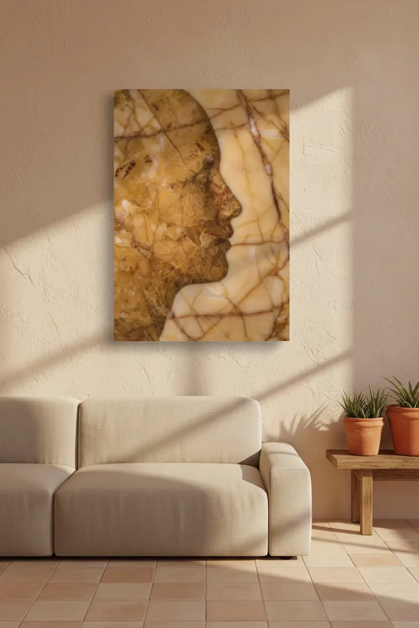 L'Âme de Marbre — Affiche murale minimaliste or ambré visage abstrait, affiche murale minimaliste avec cadre bois, décoration murale salon ou chambre, style méditerranéen
