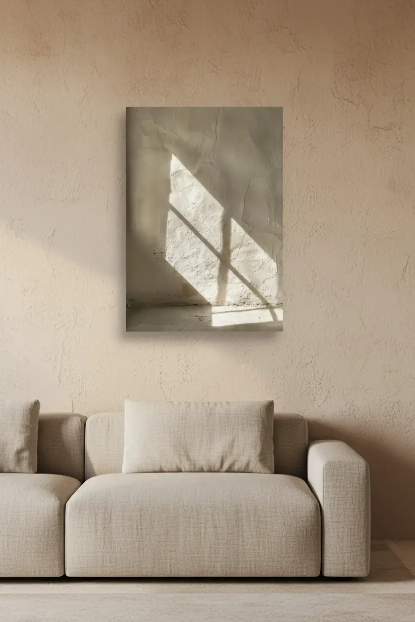 L'Ombre Diagonale — Affiche murale minimaliste ombre fenêtre mur enduit sable, affiche murale minimaliste avec cadre bois, décoration murale salon ou chambre, style méditerranéen