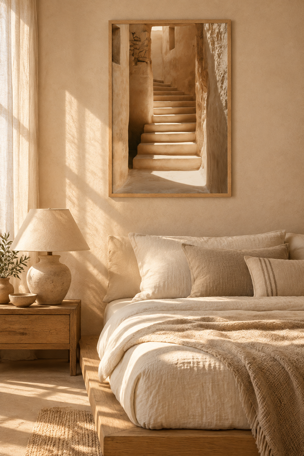 Affiche Les Degrés de Craie — escalier de pierre dans une ruelle blanchie, au-dessus d'un lit en lin, dans une chambre claire