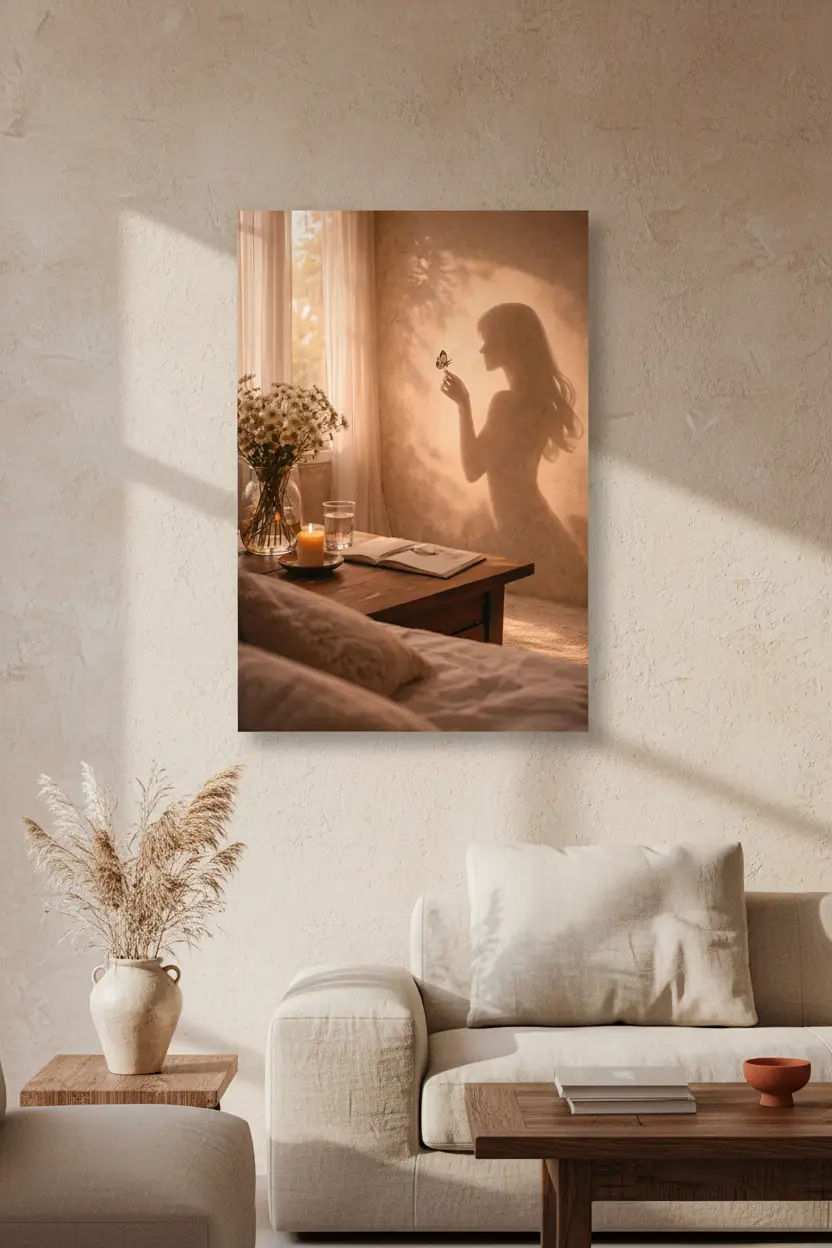 L’Instant Fragile — Affiche murale minimaliste silhouette féminine papillon lumière dorée, affiche murale minimaliste avec cadre bois, décoration murale salon ou chambre, style méditerranéen
