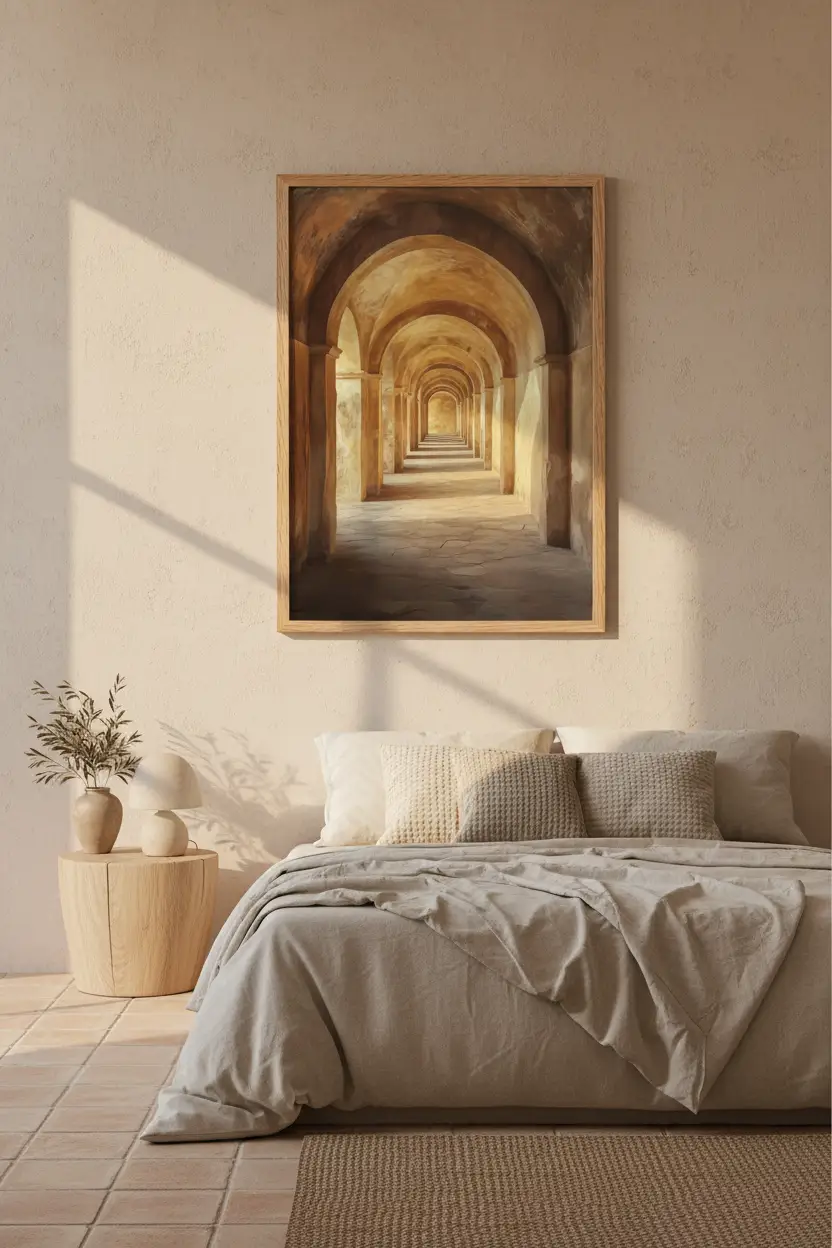 L’Arcade — Affiche murale minimaliste sable ocre arches romaines perspective — affiche murale minimaliste | Cassili-home
