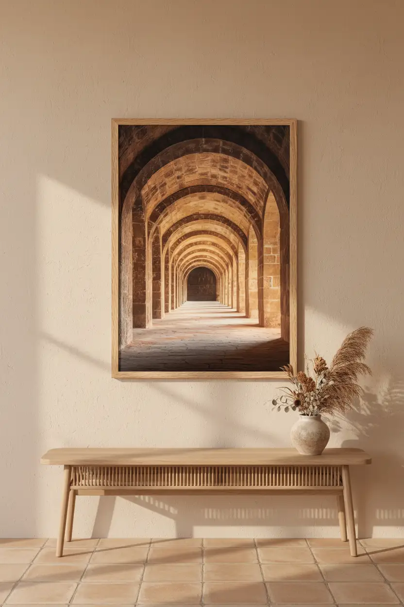 Le Cloître — Affiche murale minimaliste brun ocre arches pierre de taille perspective — affiche murale minimaliste | Cassili-home