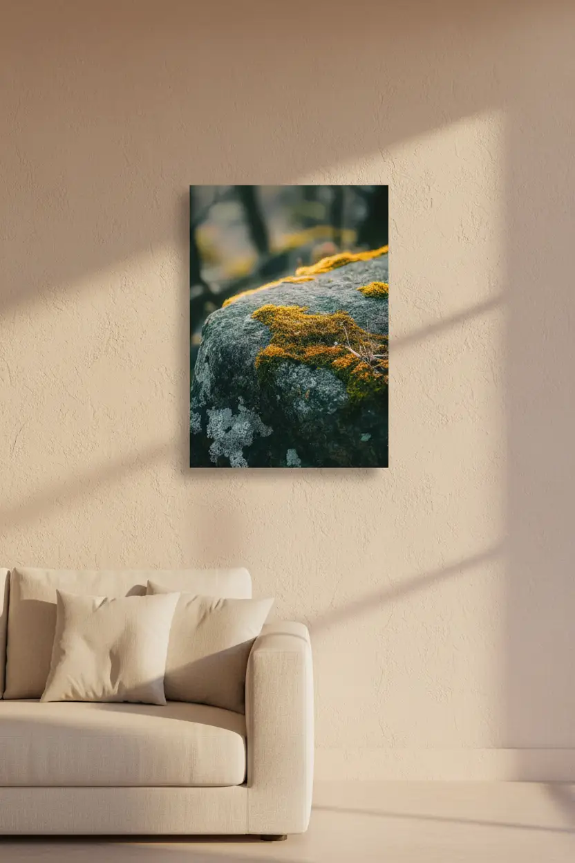 The Living Stone — Gold minimalist moss rock wall poster