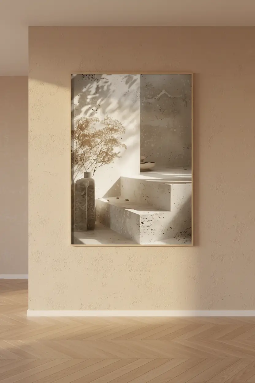 Le Vase et l’Escalier — Affiche murale minimaliste travertin sable architecture méditerranéenne, affiche murale minimaliste avec cadre bois, décoration murale salon ou chambre, style méditerranéen