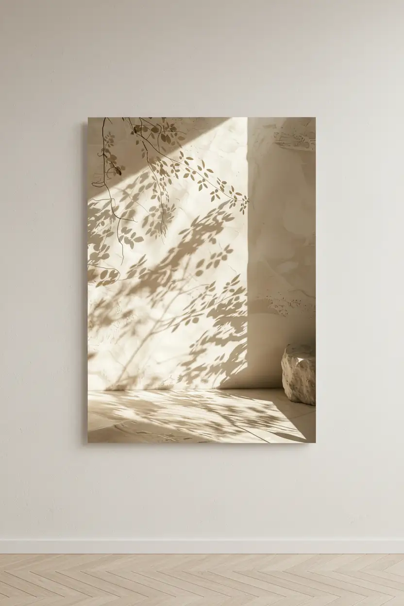 Le Coin du Lierre — Affiche murale minimaliste ombres feuillage lierre enduit ivoire lumière diagonale végétal, affiche murale minimaliste avec cadre bois, décoration murale salon ou chambre, style méditerranéen