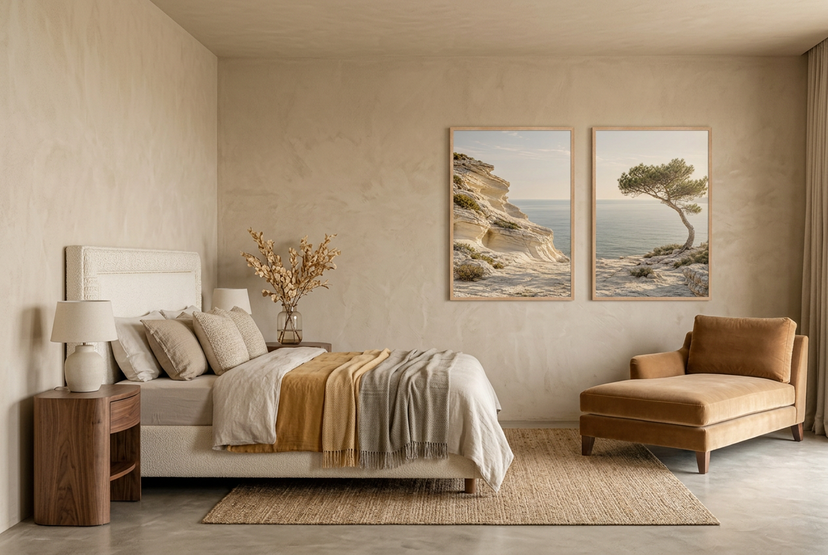 The Limestone Coast — wall diptych in oak frames above a bed