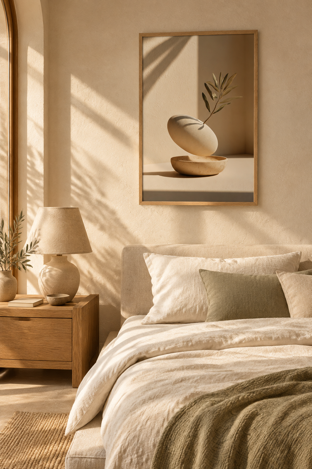 Poster The Hollow and the Branch — hollowed pebble holding a sprig, above a linen bed in a light bedroom