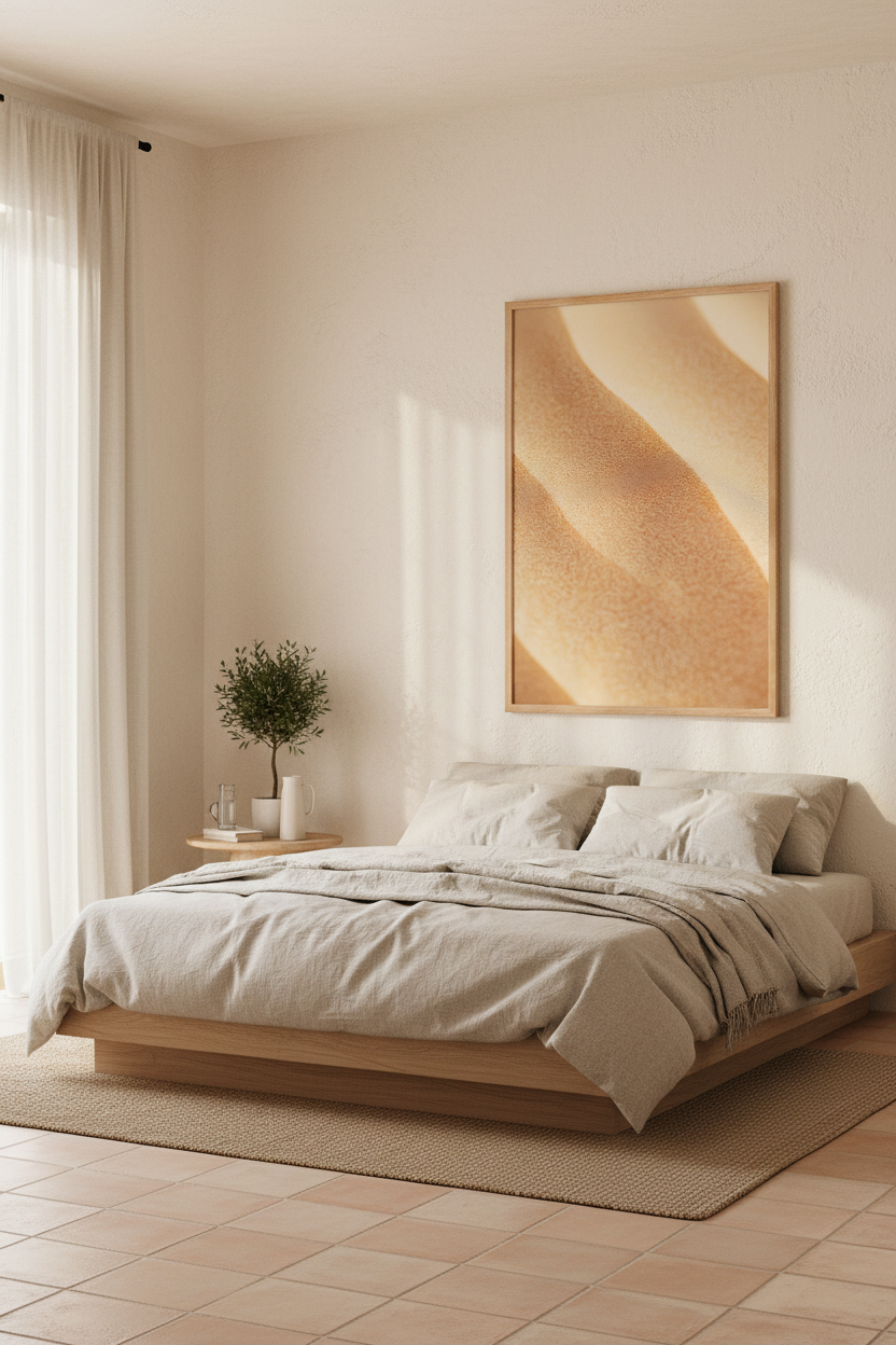 The Dune’s Side poster in an oak frame in a bedroom — gold and sand dune curves