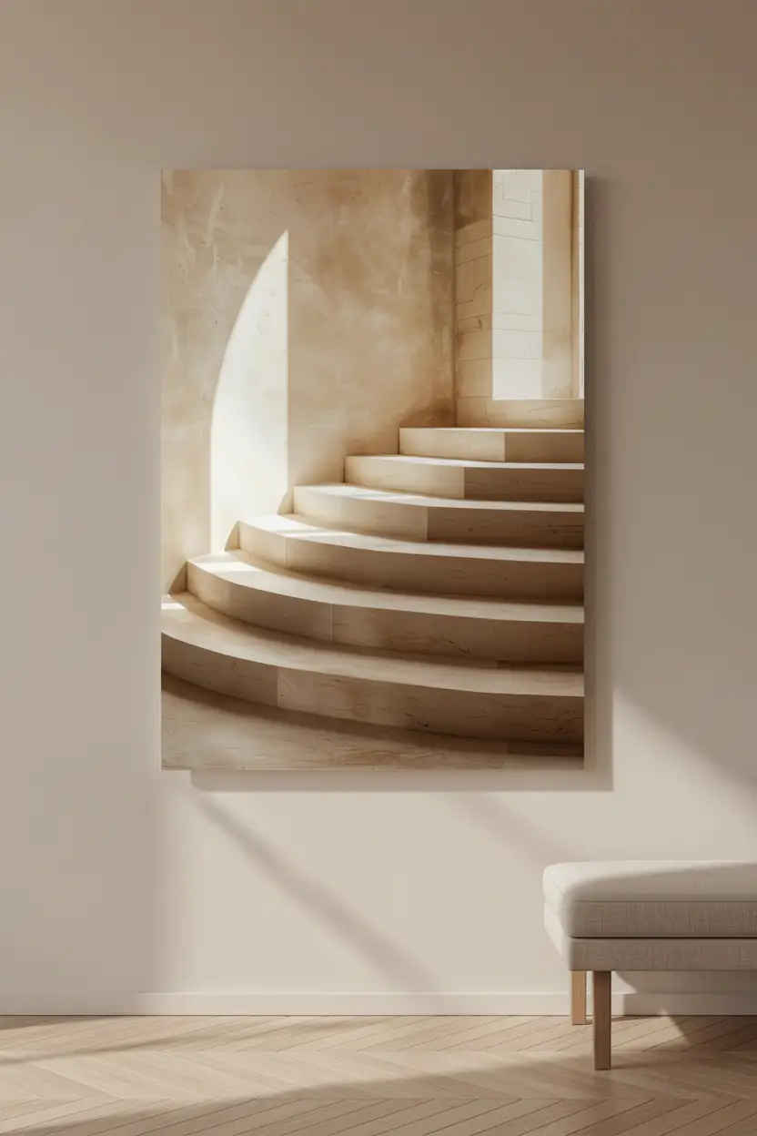 L’Escalier Courbe — Affiche murale minimaliste escalier semi-circulaire calcaire ivoire arc lumière architecture, affiche murale minimaliste avec cadre bois, décoration murale salon ou chambre, style méditerranéen