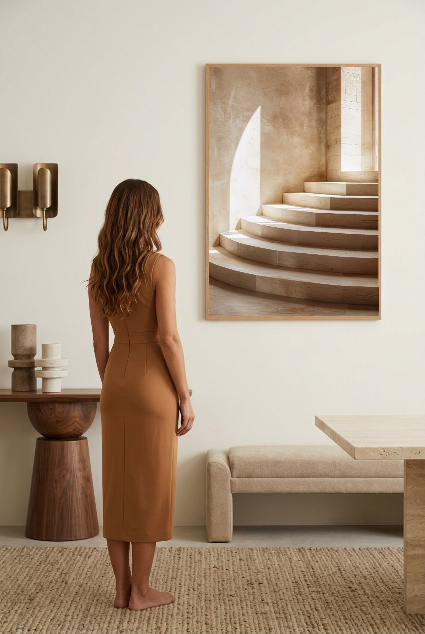 L’Escalier Courbe — mulher em frente ao poster com moldura de carvalho