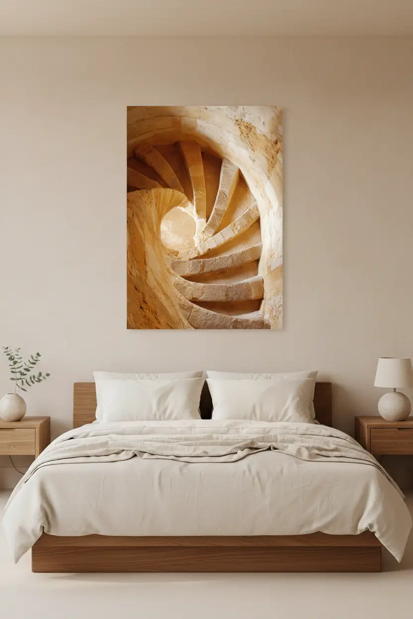 Spirale de Pierre — Affiche murale minimaliste beige et doré architecture méditerranéenne — affiche murale minimaliste | Cassili-home